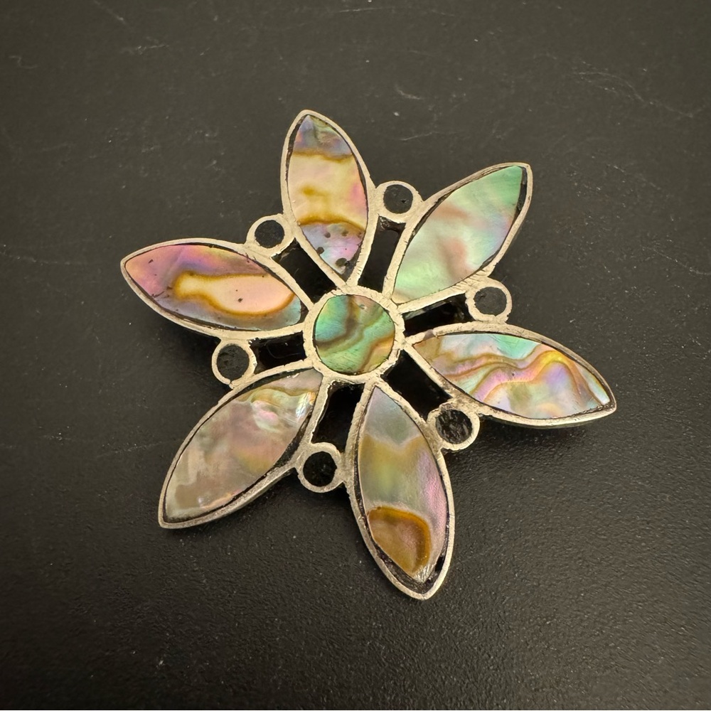 Taxco Silver and Abalone Flower Brooch